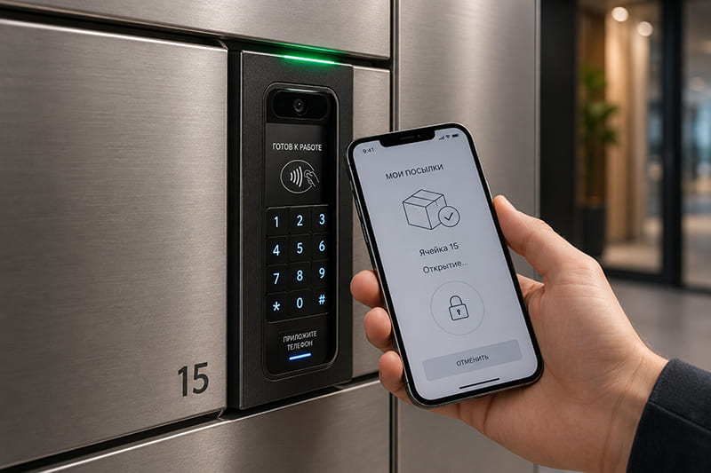 Открытие ячейки по NFC занимает 2 секунды. Стиль: реальное фото в естественном освещении подъезда