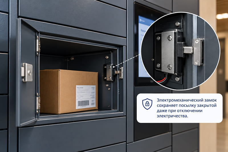 Электромеханический замок сохраняет посылку закрытой даже при отключении электричества. Электромеханический замок сохраняет посылку закрытой даже при отключении электричества.